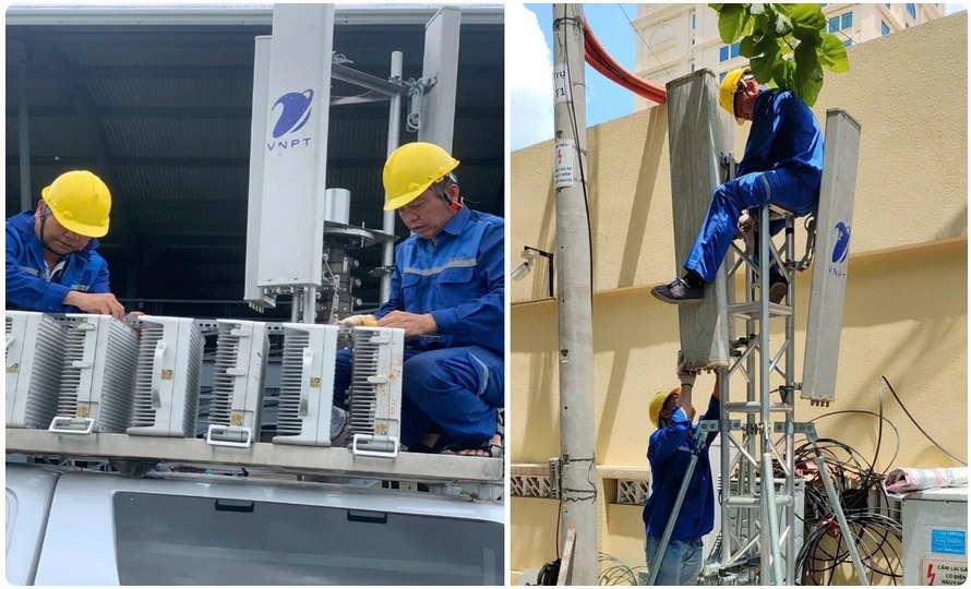 Đội ngũ kỹ thuật của VNPT đang gấp rút triển khai các trạm BTS lưu động, kéo cáp quang, lắp đặt và cấu hình thiết bị tại các điểm cầu truyền hình