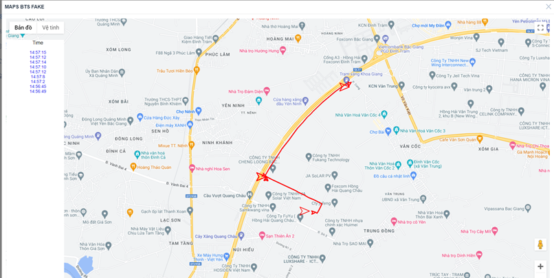 Bản đồ di chuyển của trạm Fake trên mạng Vinaphone