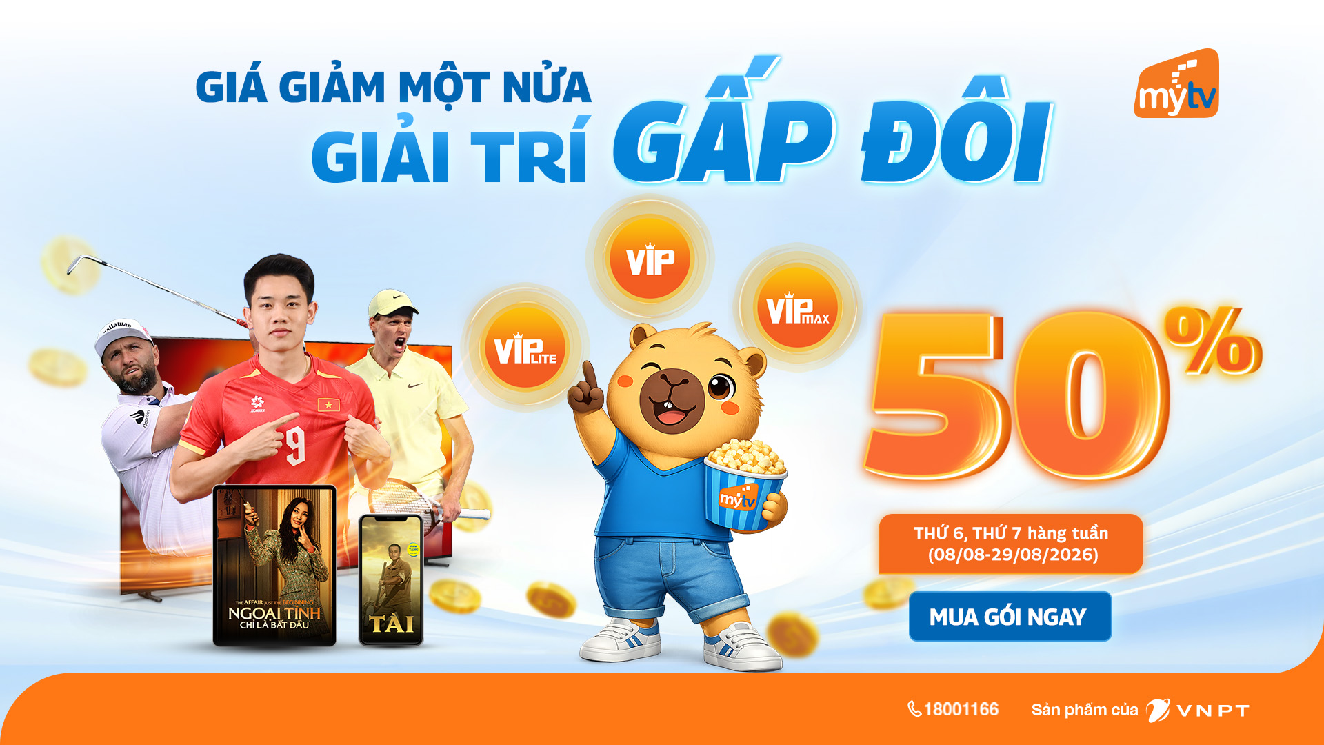 Giá giảm một nửa, giải trí gấp đôi: MyTV ưu đãi 50% gói cước đa nhà mạng trong tháng 8